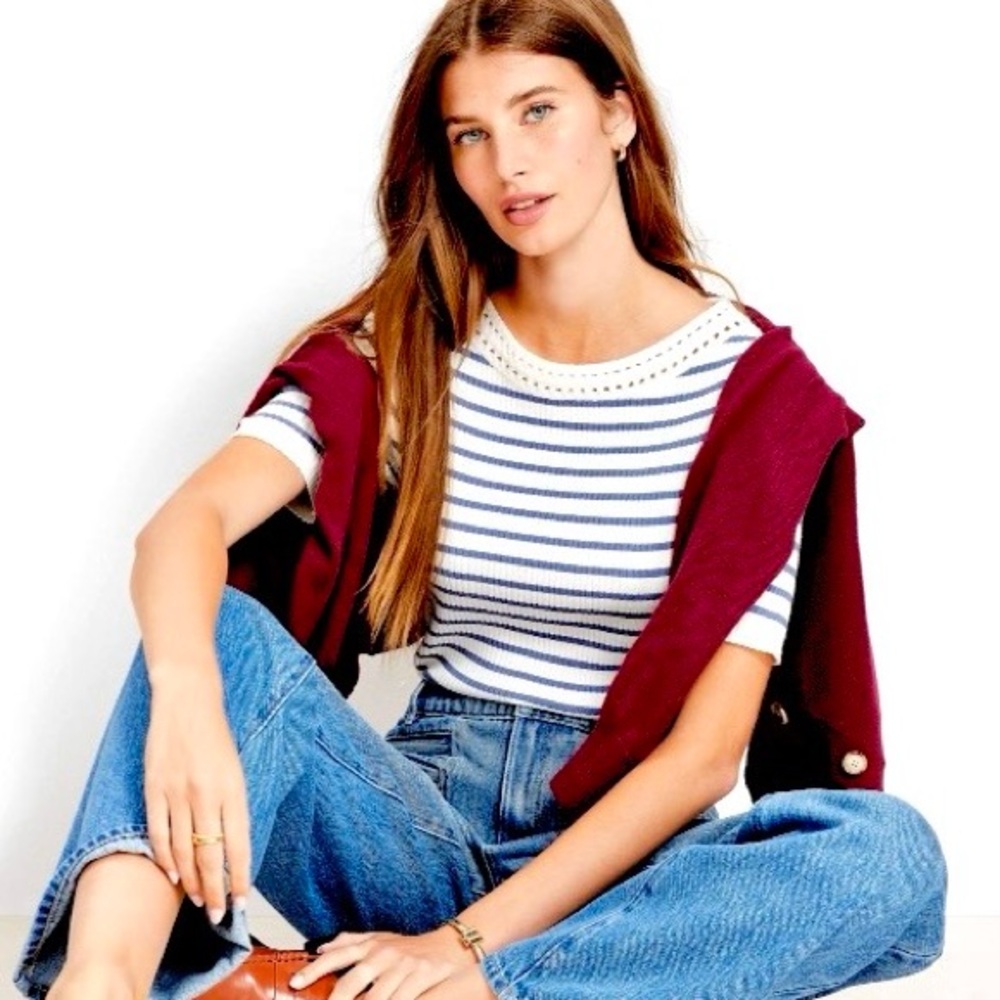 LOFT ONLINE EXCLUSIVE Striped Crochet Trim Sweater Tee